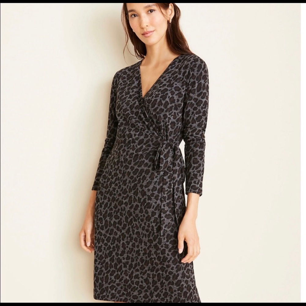 Ann Taylor leopard print black/gray wrap dress size M